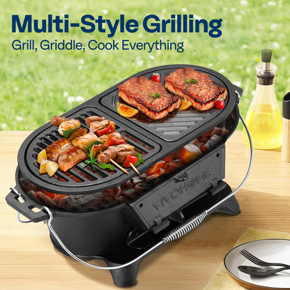 VIVOHOME Oval Cast Iron Grill with Interchangeable Grates & Griddle, 2 Furnace Doors for Heat Control, Includes Gloves, Poker and UV-Resistant Cover