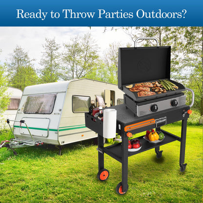 Grill Table Stand Cart for Blackstone Griddle - Universal Foldable Design Fits 17-22 Inch Grills and 12" Pizza Ovens, 20s Setup, 4 Wheels, Magnetic Strip etc (Camping, Backyard Cooking Accessories)