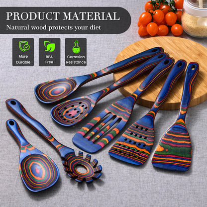 YUTFUBG Heat-Resistant Wood Cooking Utensils - 7pc Set, Eco-Friendly, Includes Spatula, Pasta & Slotted Spoons, Essential Kitchen Tool
