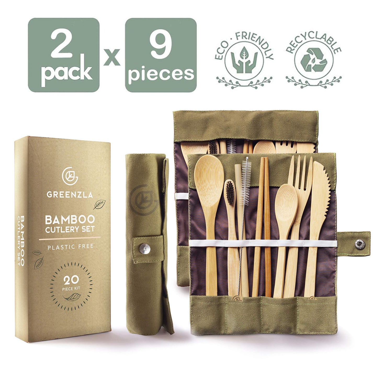 Greenzla Double Pack Bamboo Utensils Set with Bonus Toothbrush Pair, Straw, Spoon, Fork, Knife, Teaspoon, Chopsticks, Brush & Duo Storage Bags - Reusable Bamboo Cutlery - Wooden Utensil Set