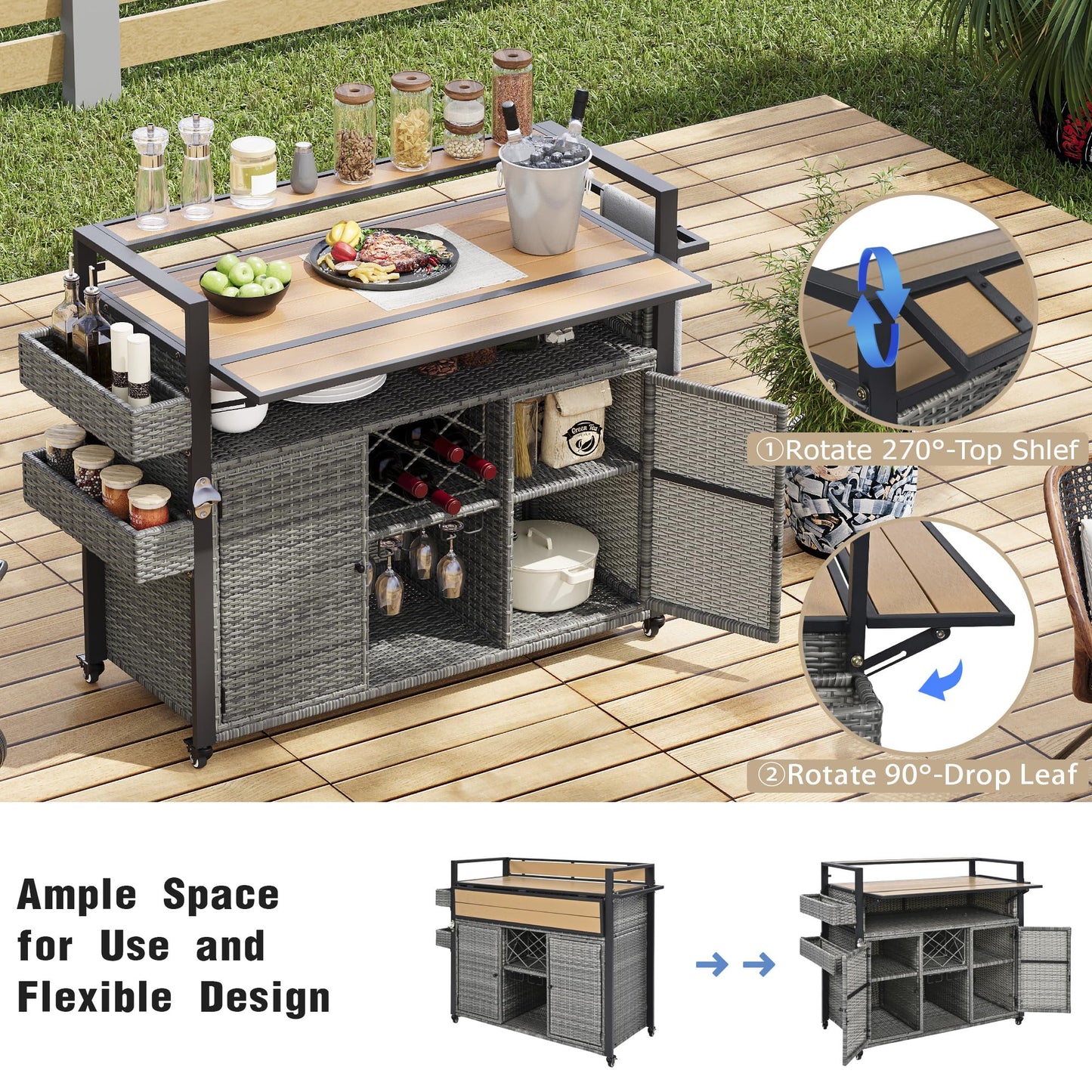 52.8" Wicker Outdoor Grill Cart with Extended Plastic Wood Table Top, Rolling Kitchen Island Cart with Storage Cabinet for Patio Backyard Garden Poolside, Rattan Bar Table with Double Handle, Gray