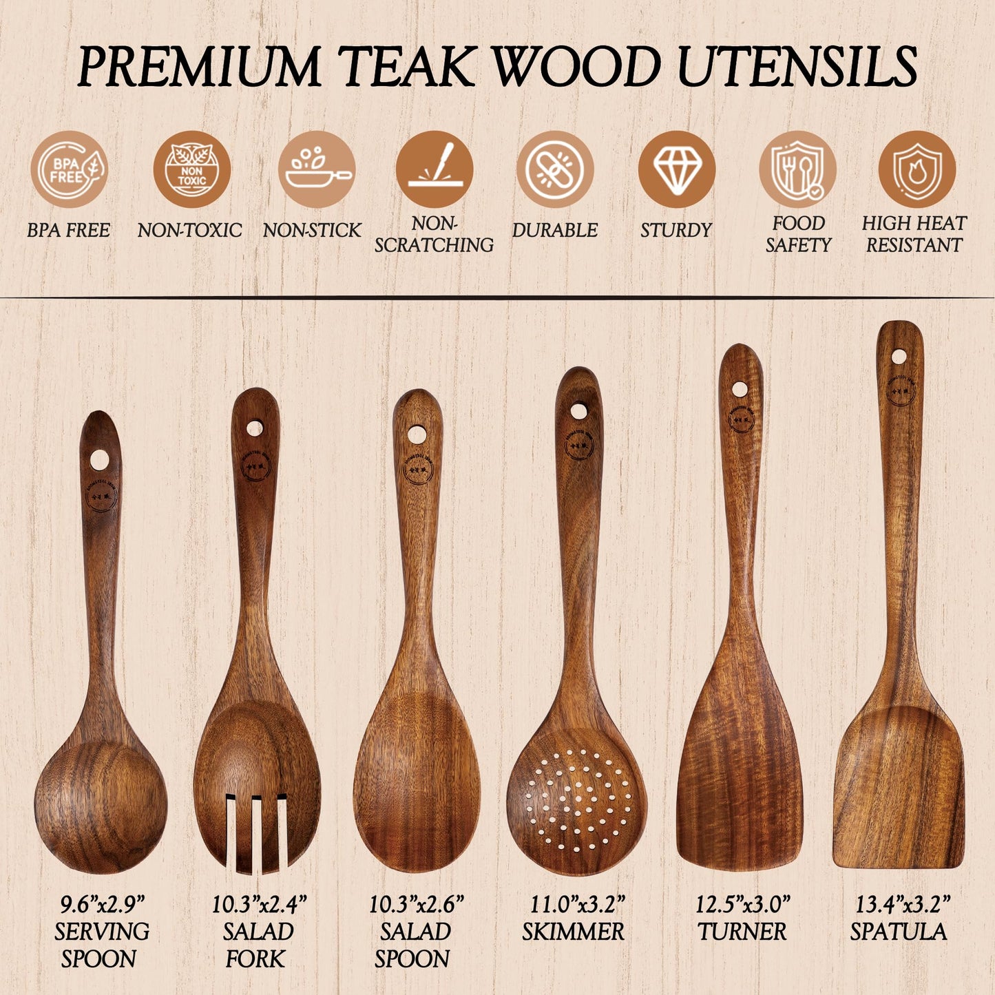 Wooden Spoons for Cooking – 6-12 Piece Teak Wood Cookware Utensil Set with Smooth Finish – Non-Stick, Comfortable Grip – Durable, Heat Resistant Kitchen Utensils (6 PCS Set)