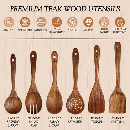 Wooden Spoons for Cooking – 6-12 Piece Teak Wood Cookware Utensil Set with Smooth Finish – Non-Stick, Comfortable Grip – Durable, Heat Resistant Kitchen Utensils (6 PCS Set)