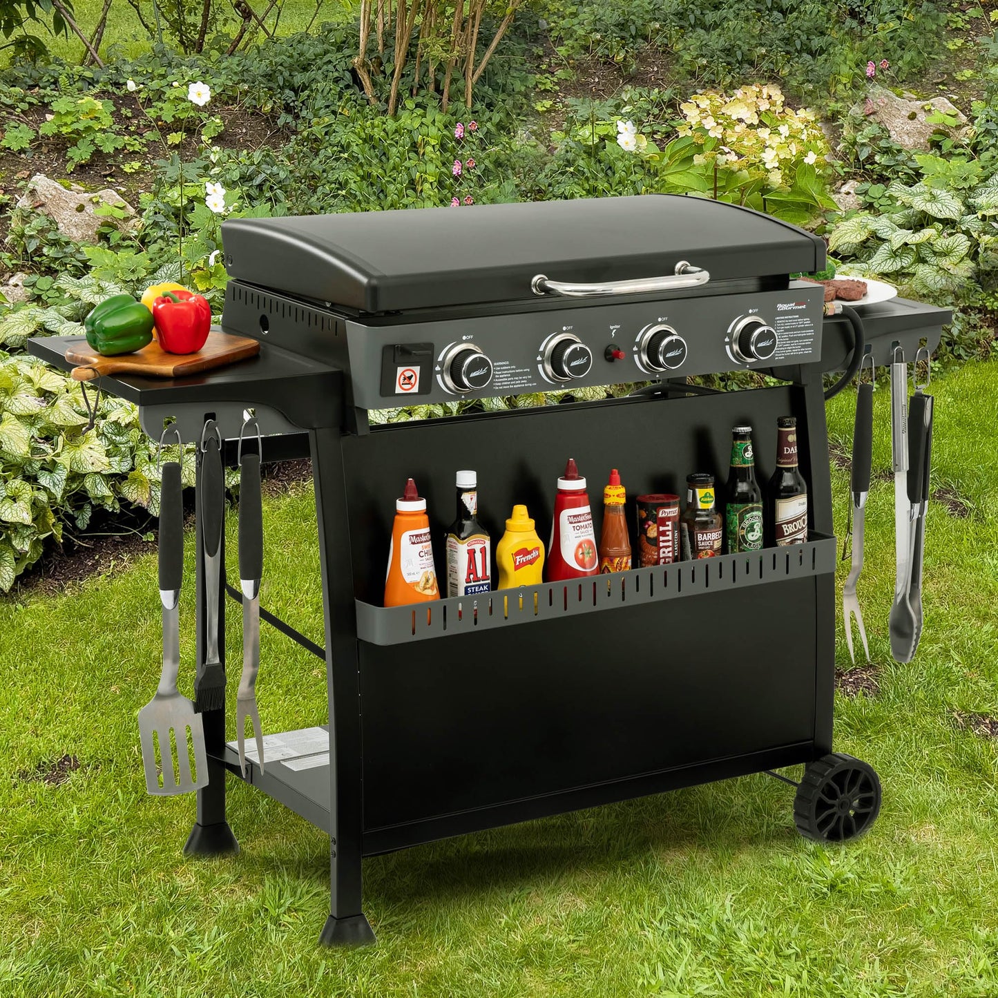 Royal Gourmet PD4001 4 Burner Propane Gas Griddle with Removable Standing Cart, Convertible to Tabletop Design, Flat Top Grill with Hood for Camping, Tailgating, Backyard, Black
