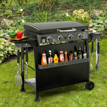 Royal Gourmet PD4001 4 Burner Propane Gas Griddle with Removable Standing Cart, Convertible to Tabletop Design, Flat Top Grill with Hood for Camping, Tailgating, Backyard, Black