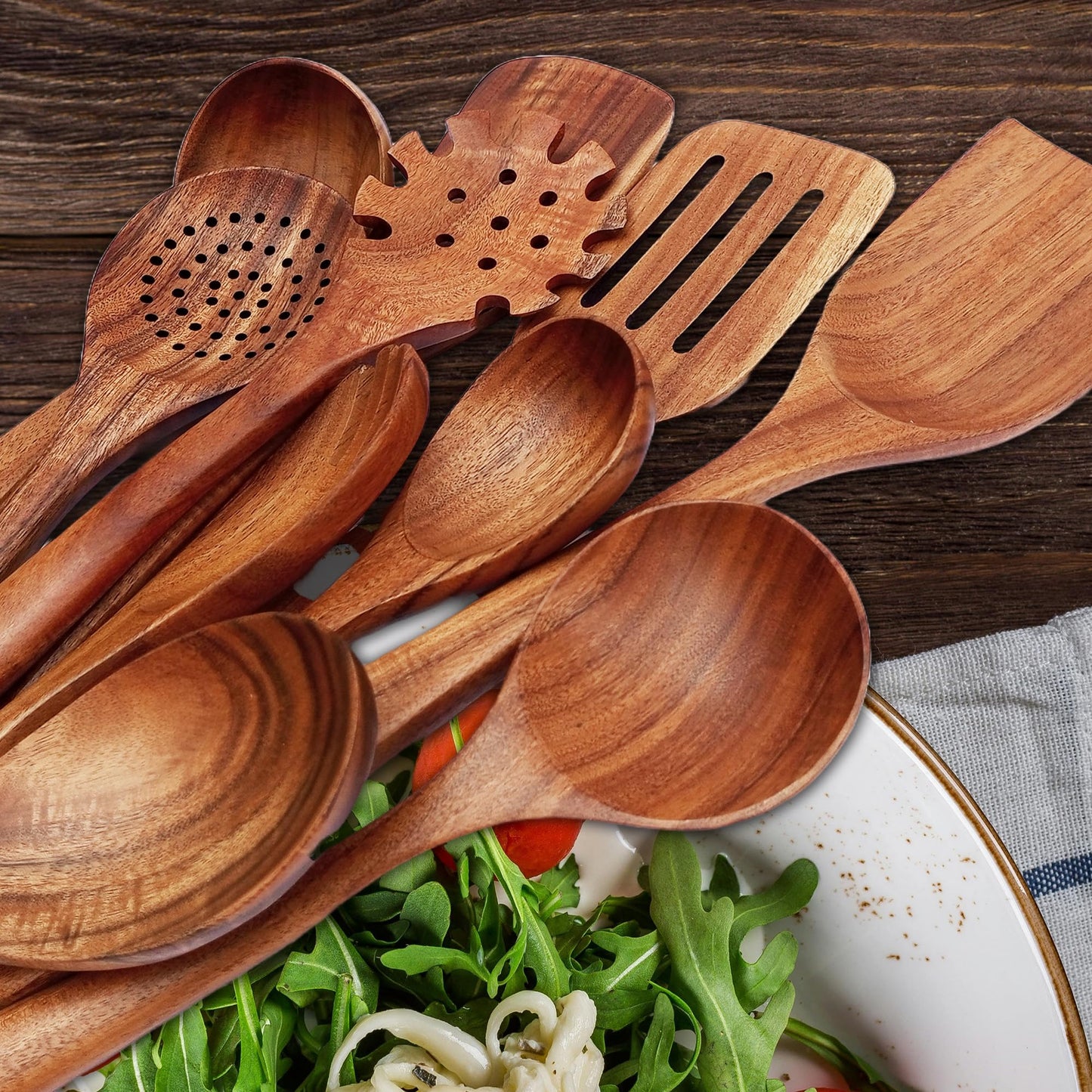 Premium Wooden Spoons for Cooking, 10 Pcs Wooden Cooking Utensils Set - Wooden Utensil Set for Nonstick Pans & Cookware - Sturdy, Lightweight & Heat Resistant