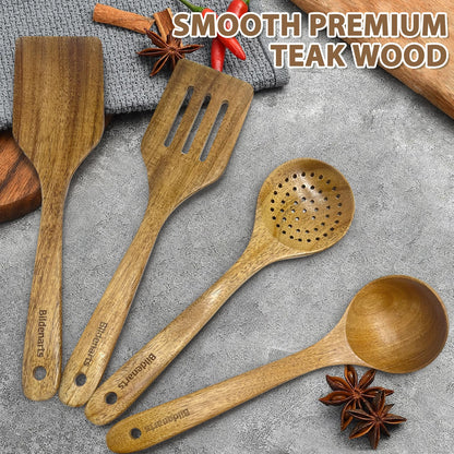 4pcs Wooden Spoons for Cooking Kitchen Utensils Set with 2PCS Aprons Natural Teak Wood Utensil Comfort Grip Wooden Spatulas for Cooking Non-Stick Wood Cooking Ladle Sets Kitchen Gadgets