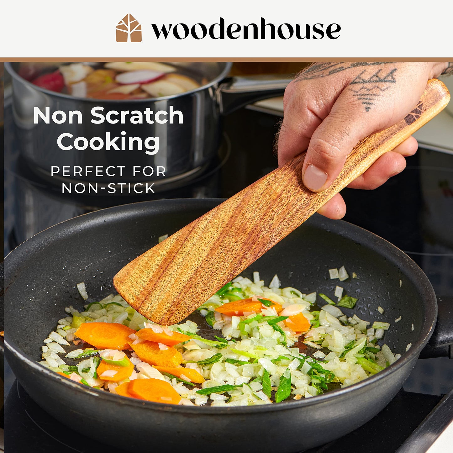 Wooden Spatula for Cooking, Teak Spatulas for Kitchen Use - Wooden Cooking Utensils Set of 4 including Paddle, Turner, Slotted Spurtle and Wood Scraper. Nonstick cookware.