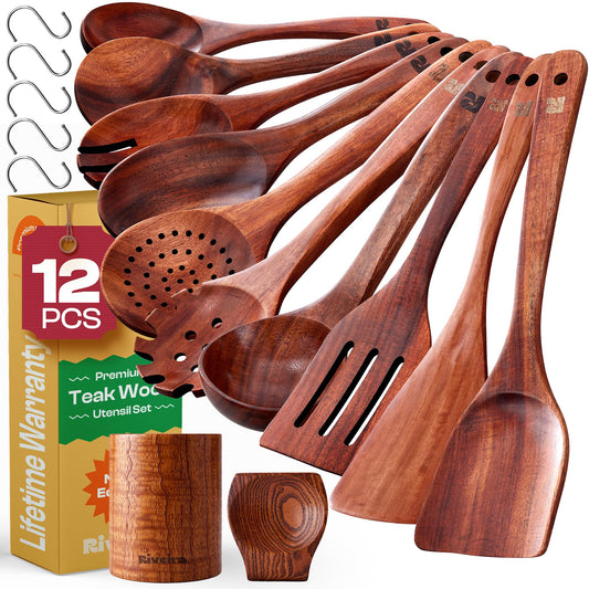 Riveira Dark Teak Kitchen Utensils Set - 12-Piece Non-Toxic Cooking Utensils Set - Wooden Spoons for Cooking - Spatula for Cooking - Teak Wooden Utensils