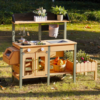 ROBOTIME Mud Kitchen for Kids Outdoor, Wood Outdoor Kitchen with Insect Observation Box & Planter Box, Toddler Play Kitchen with Removable Sink & Faucet, Pretend Outdoor Playset for Garden Fun