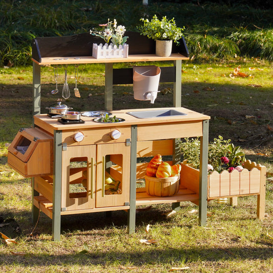 ROBOTIME Mud Kitchen for Kids Outdoor, Wood Outdoor Kitchen with Insect Observation Box & Planter Box, Toddler Play Kitchen with Removable Sink & Faucet, Pretend Outdoor Playset for Garden Fun