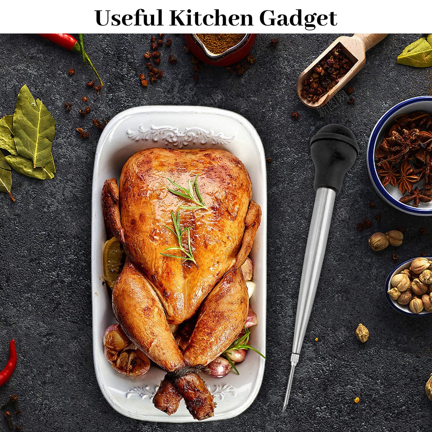 Turkey Baster Syringe for Cooking, Large Stainless Steel Meat Injector, with Cleaning Brush and 2 Marinade Needles, Black