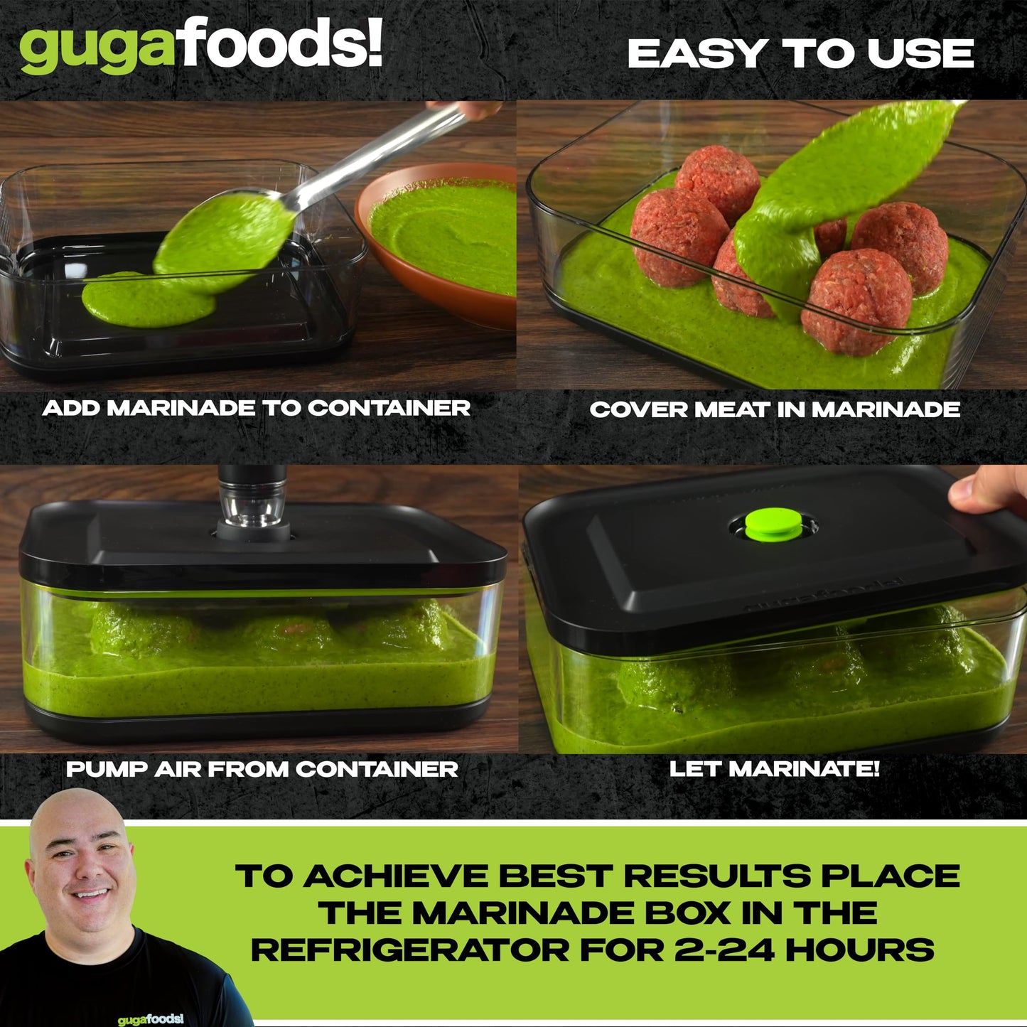 Guga Foods Vacuum Seal Marinade Container Set, Air Sealed Pump, Removes Air for Quick Marination, Barbecue & Grilling Marinator