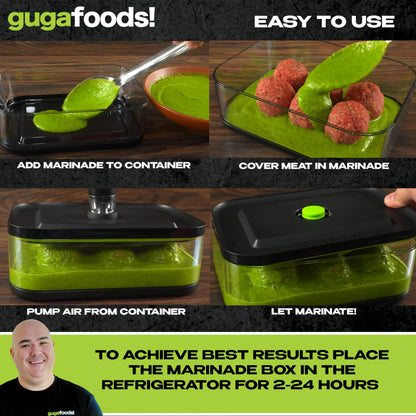 Guga Foods Vacuum Seal Marinade Container Set, Air Sealed Pump, Removes Air for Quick Marination, Barbecue & Grilling Marinator