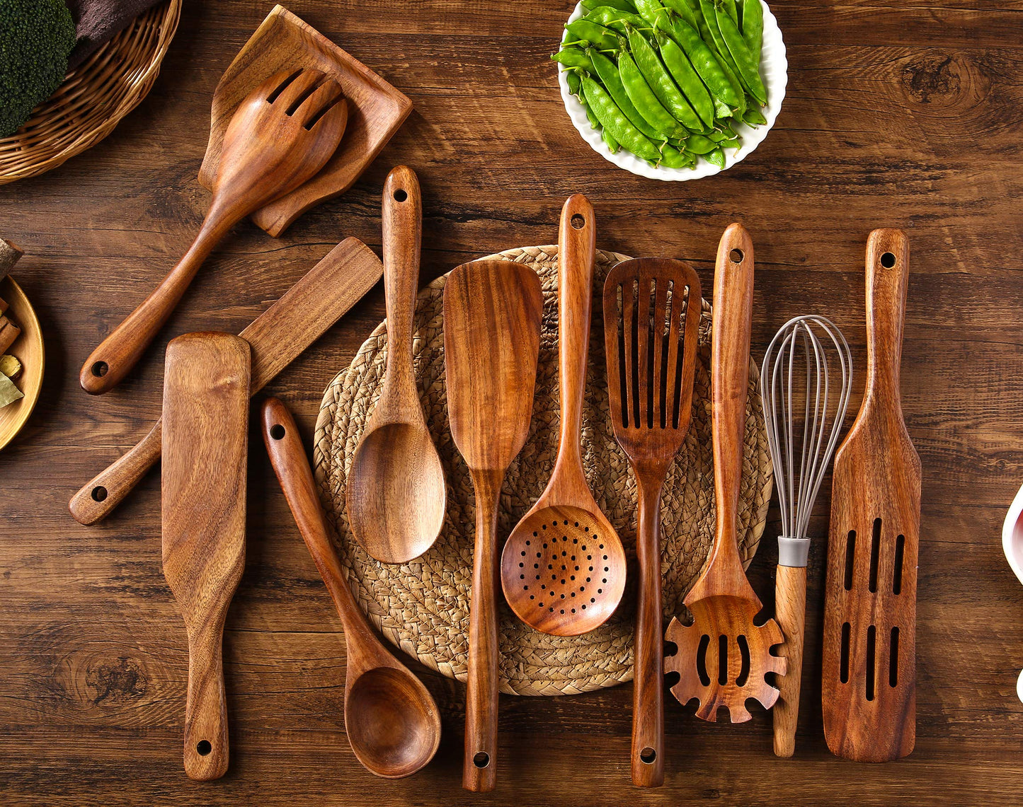 NAYAHOSE Wooden Kitchen Utensils Set, 11 Pcs Teak Wood Cooking Utensils Spoons Spatulas Spurtles Kit Non-stick Natural Kitchen Tools for Cooking