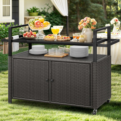 YITAHOME XL Outdoor Storage Cabinet, Outdoor Storage Cart with Wheels and Black Glass Table Top for Patio, Outdoor Cabinet for Poolside and Backyard (Dark Brown)
