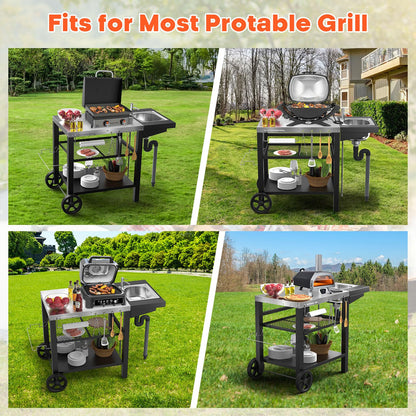 Outdoor Grill Table with Sink, Pizza Oven Cart with Drawer & Wheels, Movable 3 Shelf Food Prep Table for Ninja Woodfire, Blackstone Griddle Stand, Ooni Pizza Oven, Cuisinart, Cooking Station