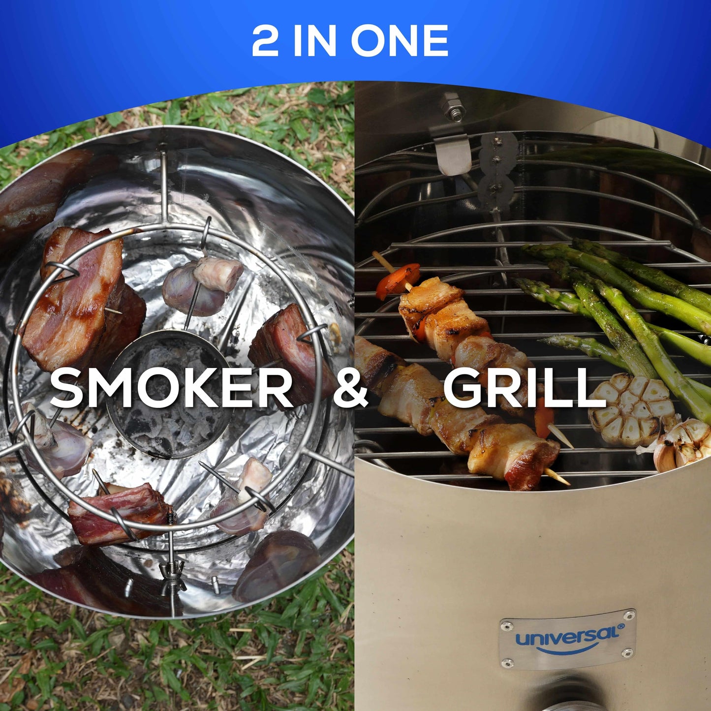 Universal (6-pound) Stainless Steel (Small) Charcoal Barrel Smoker with Thermometer & Airlock system - 16.5"x 21.18" x ⌀11.81", 2 in 1 Vertical Smoker - Grill and Smoker, 6-serving Slow Cooking Smoker