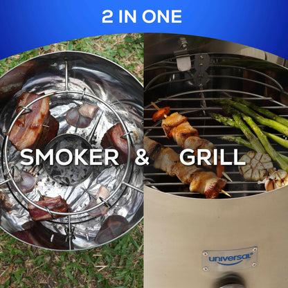 Universal (6-pound) Stainless Steel (Small) Charcoal Barrel Smoker with Thermometer & Airlock system - 16.5"x 21.18" x ⌀11.81", 2 in 1 Vertical Smoker - Grill and Smoker, 6-serving Slow Cooking Smoker
