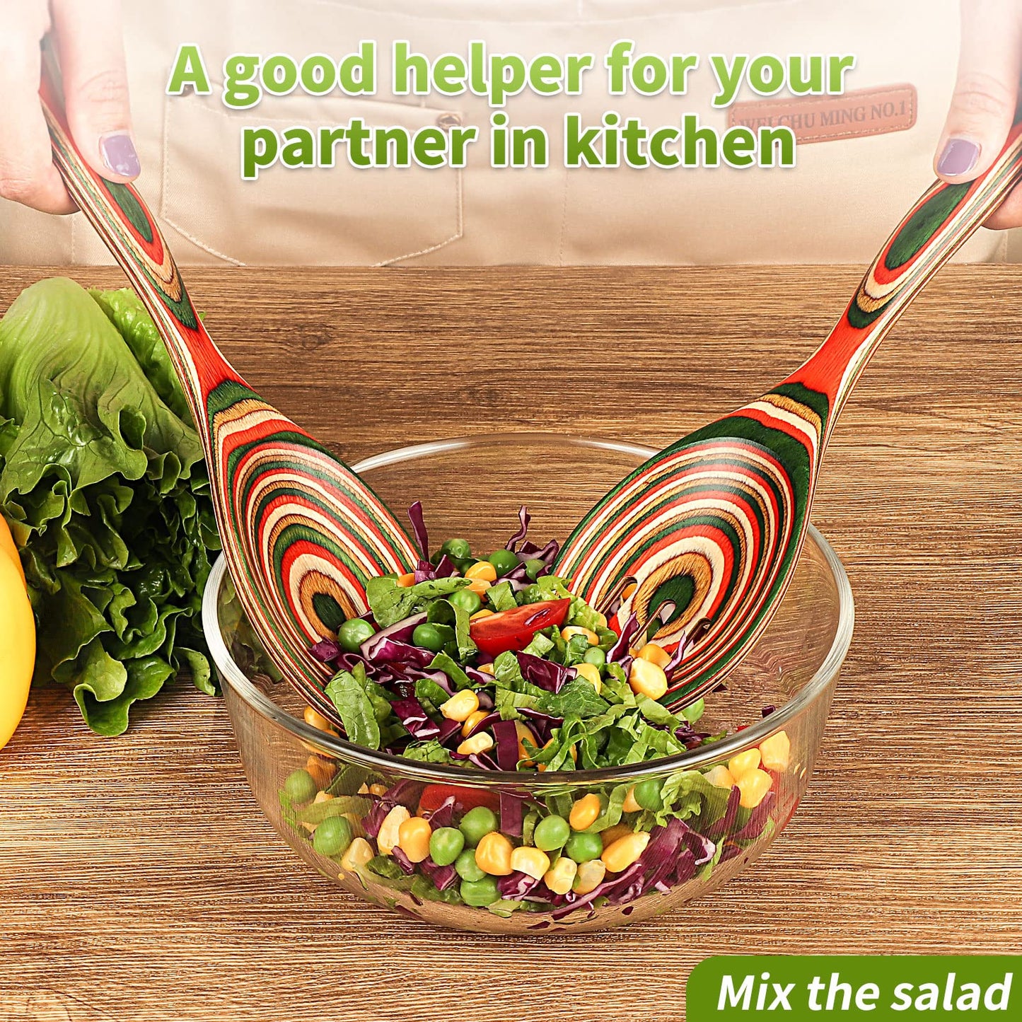 Salad Tongs, Wooden spoons, Salad Tongs for Serving, WOSPONFAN 10-inch Pakkawood Serving Utensils Set Salad Servers Set Kitchen Cooking Utensil