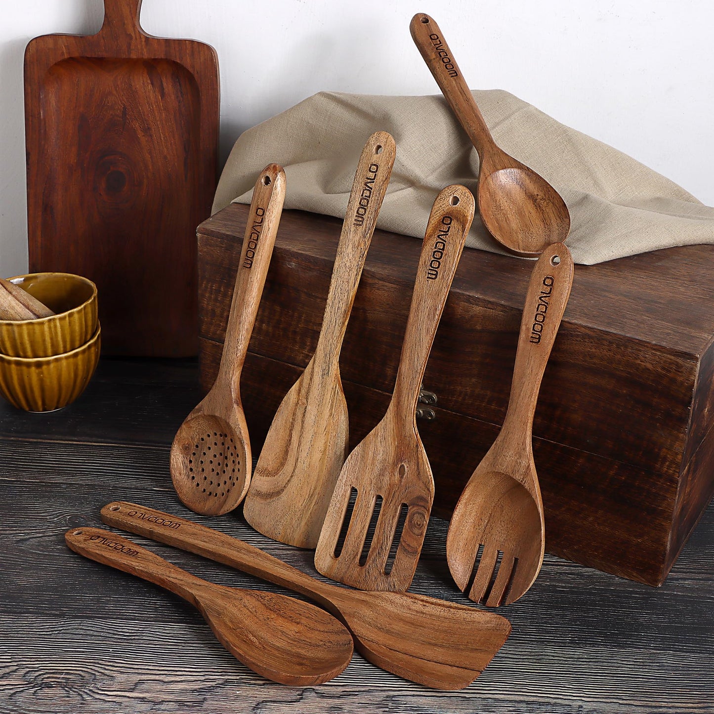 Woodalo Acacia Wooden Kitchen Utensil Set - 7 Pieces – Premium Handcrafted Cooking Spoons & Spatulas, Eco-Friendly, Nonstick Cookware Safe, Ergonomic Design, Ideal for Cooking & Serving