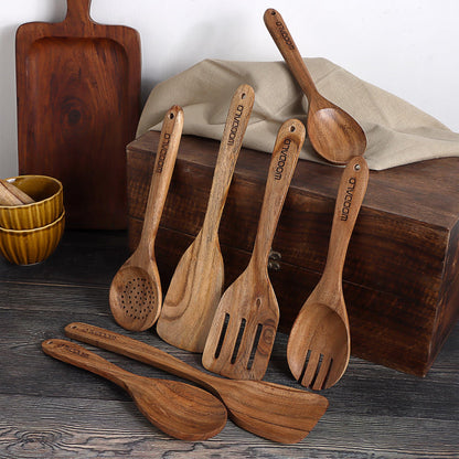 Woodalo Acacia Wooden Kitchen Utensil Set - 7 Pieces – Premium Handcrafted Cooking Spoons & Spatulas, Eco-Friendly, Nonstick Cookware Safe, Ergonomic Design, Ideal for Cooking & Serving