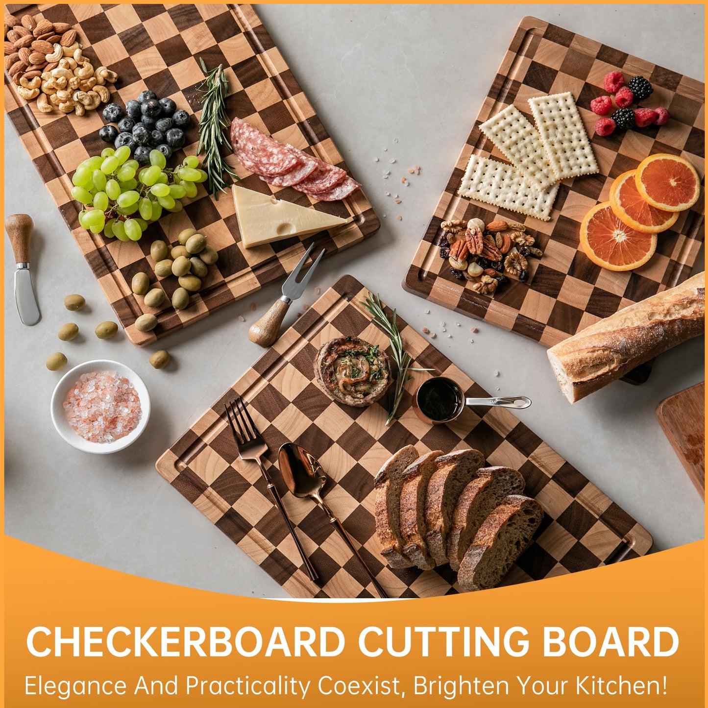 THETCHRY Cutting Boards for Kitchen, Checkered Cutting Board Upgraded, Acacia Wood Chopping Board with Juice Grooves & Handles, Large Butcher Block Serving Tray with Gift Box, 16.5" x 11.6" x 0.8"