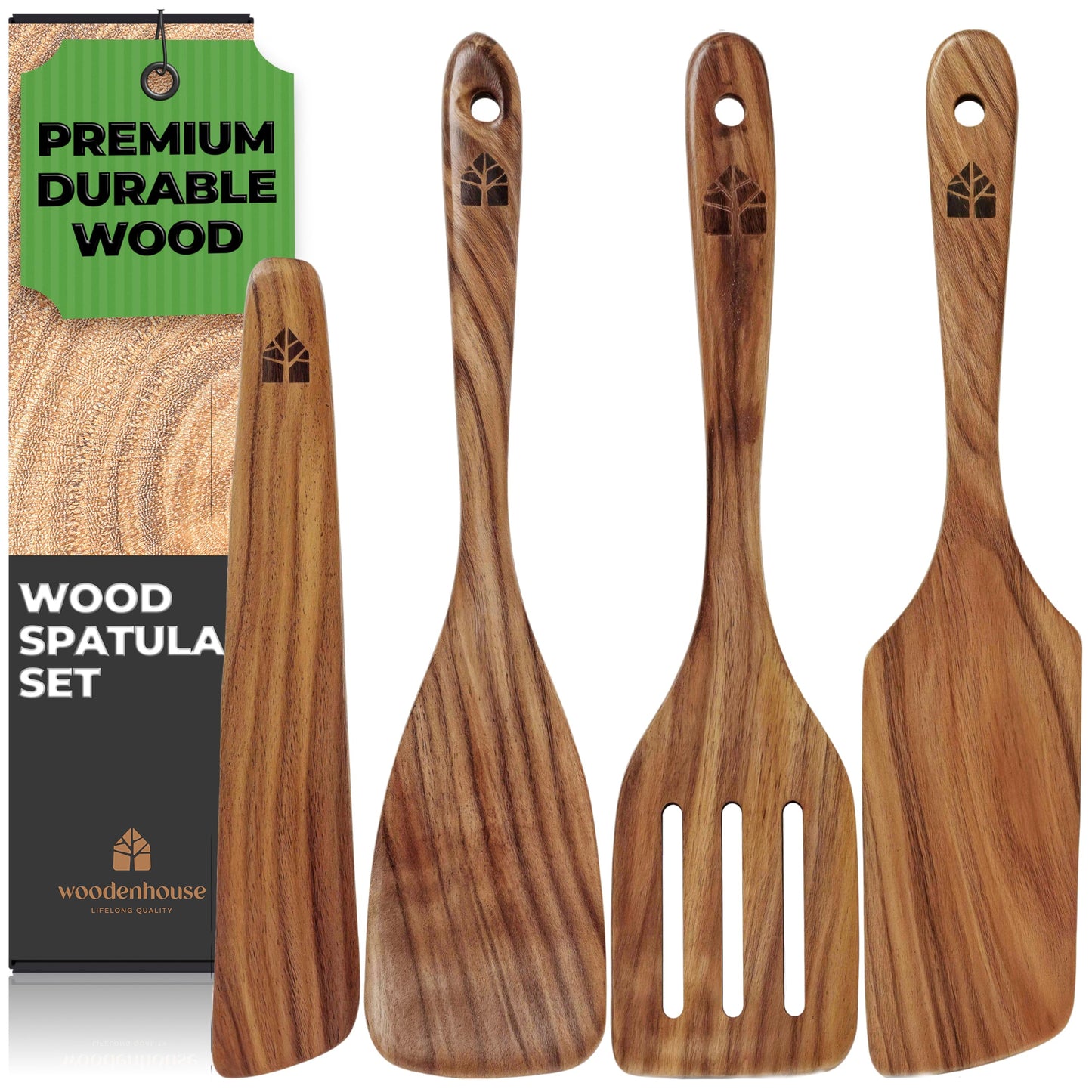Wooden Spatula for Cooking, Teak Spatulas for Kitchen Use - Wooden Cooking Utensils Set of 4 including Paddle, Turner, Slotted Spurtle and Wood Scraper. Nonstick cookware.