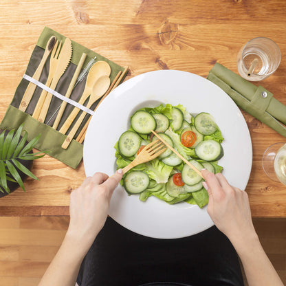 Greenzla Double Pack Bamboo Utensils Set with Bonus Toothbrush Pair, Straw, Spoon, Fork, Knife, Teaspoon, Chopsticks, Brush & Duo Storage Bags - Reusable Bamboo Cutlery - Wooden Utensil Set