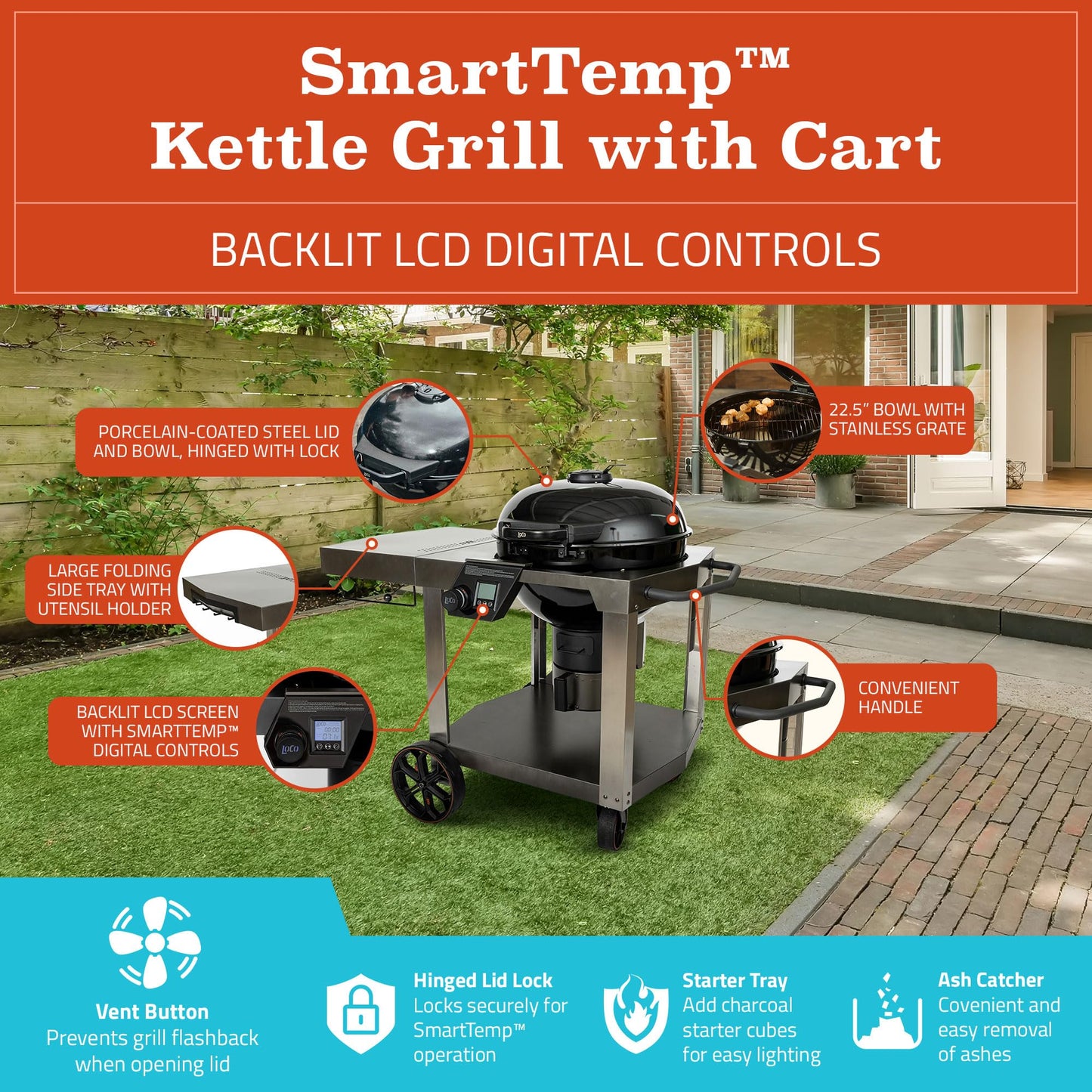 LoCo Cookers SmartTemp Kettle Grill with Cart, Charcoal or Wood Compatible, 22.5"