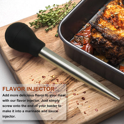 Stainless Steel Turkey Baster With Cleaning Brush - Food Grade Syringe Baster For Cooking & Basting With 2 Marinade Injector Needles - Ideal For Butter Dripping, Roasting Juices For Poultry (Black)