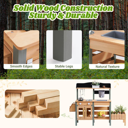 ROBOTIME Mud Kitchen for Kids Outdoor, Wood Outdoor Kitchen with Insect Observation Box & Planter Box, Toddler Play Kitchen with Removable Sink & Faucet, Pretend Outdoor Playset for Garden Fun