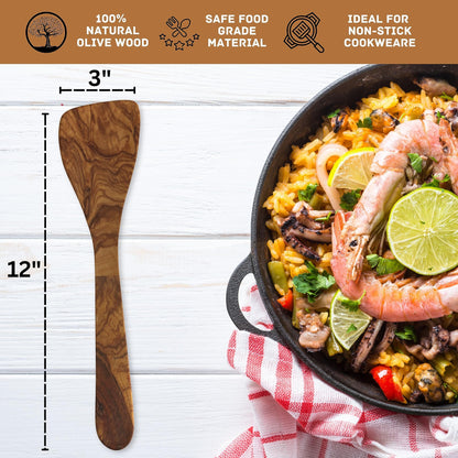 Olive Wood Spatula For Cooking | 12" Large & 3" Wide Flat Wooden Spatula Ideal Nonstick Cookware, Stirring, Fry, Mixing, And Flipping | Wooden Spoons For Cooking | Long Handle Olive Wood Utensils