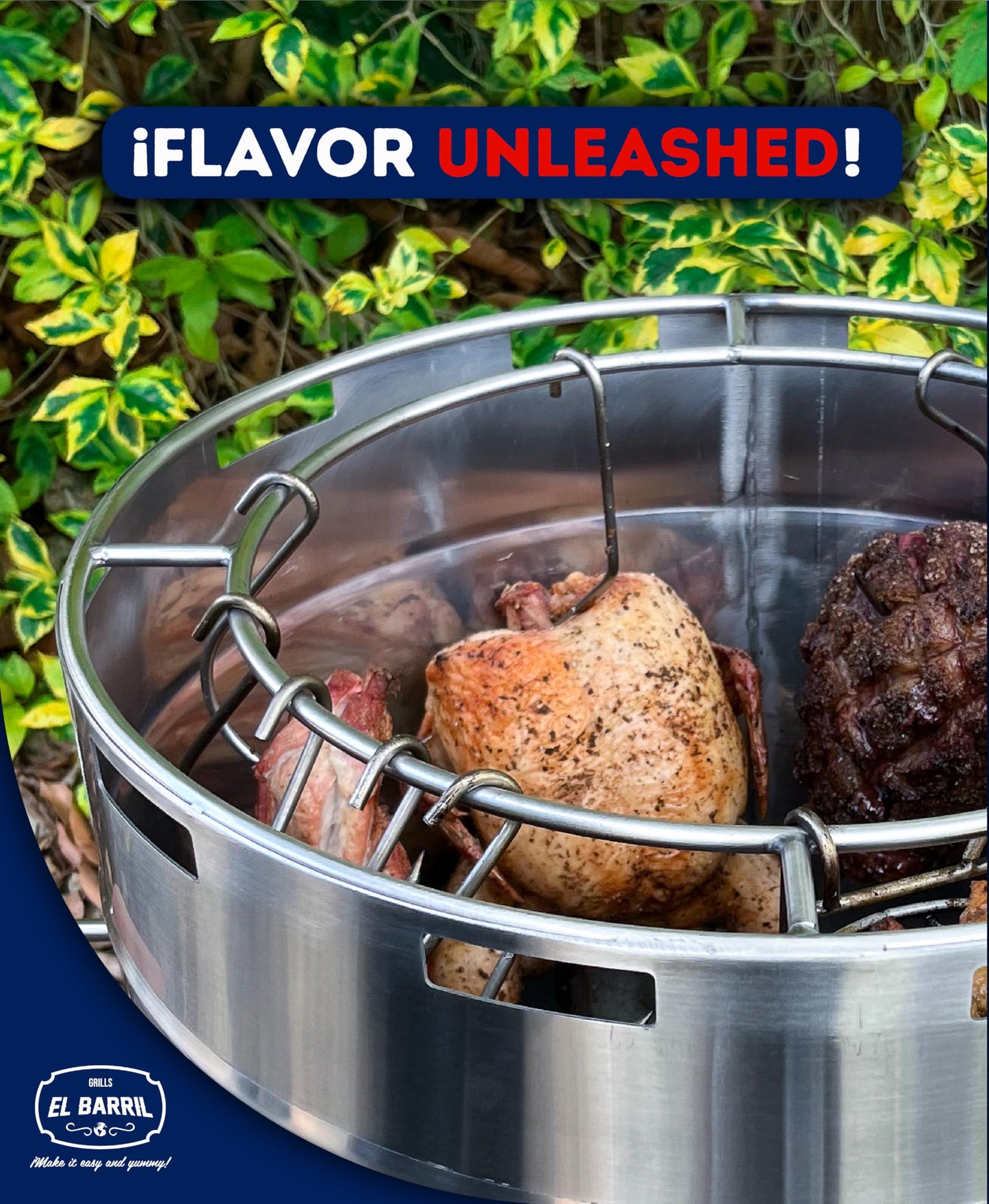 El Barril Lite Medium Barrel Smoker Grill, Stainless Steel 430, 30 lb Capacity, 12 Meat Hooks, Upper Grill and Handler, Portable Charcoal BBQ (Lite 30LBS Medium)