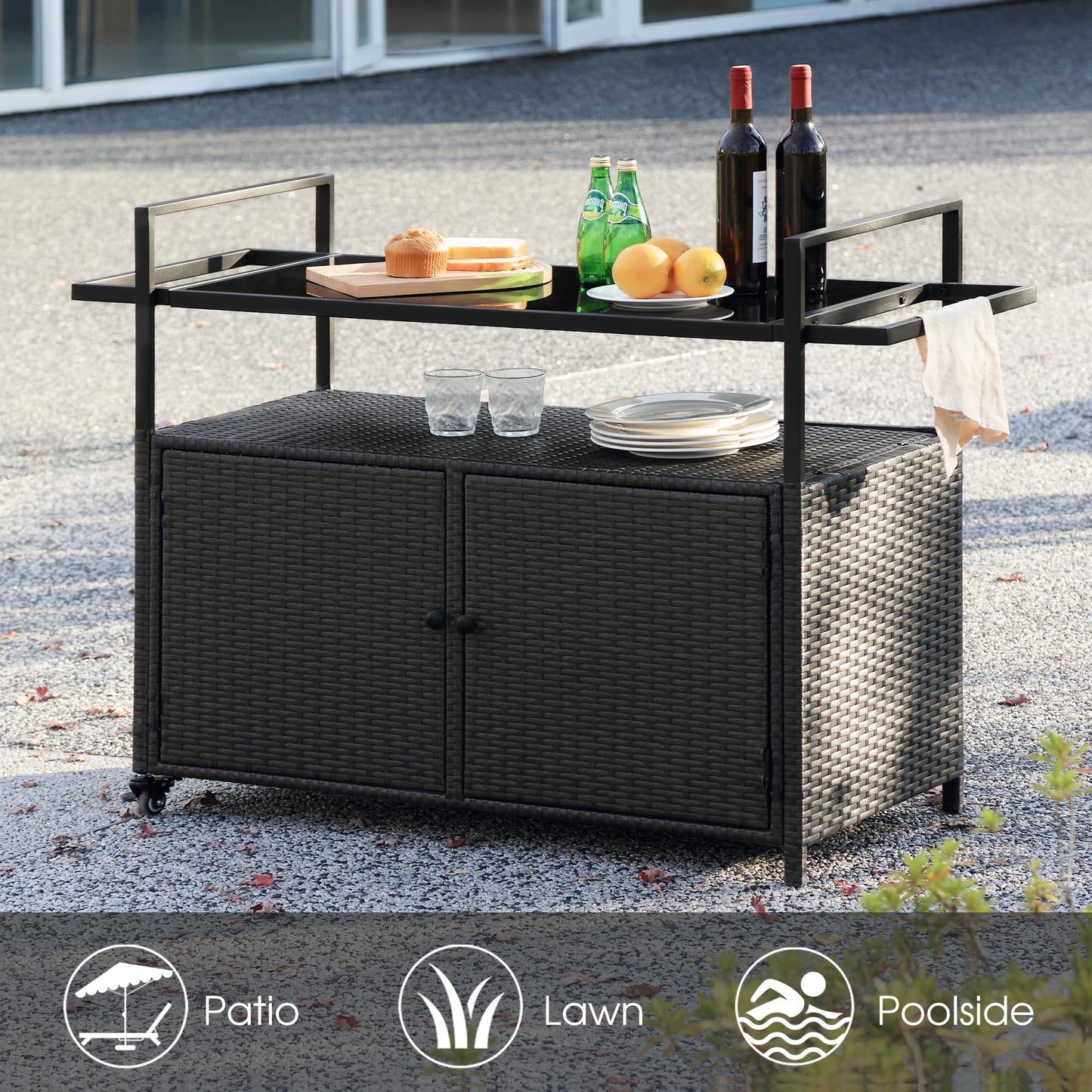 HOMEFUN Outdoor Bar Cart Table - Patio Console Storage Cabinet BBQ Grill Carts Buffet with Wheels Waterproof Wicker Serving Tables for Outside, Black