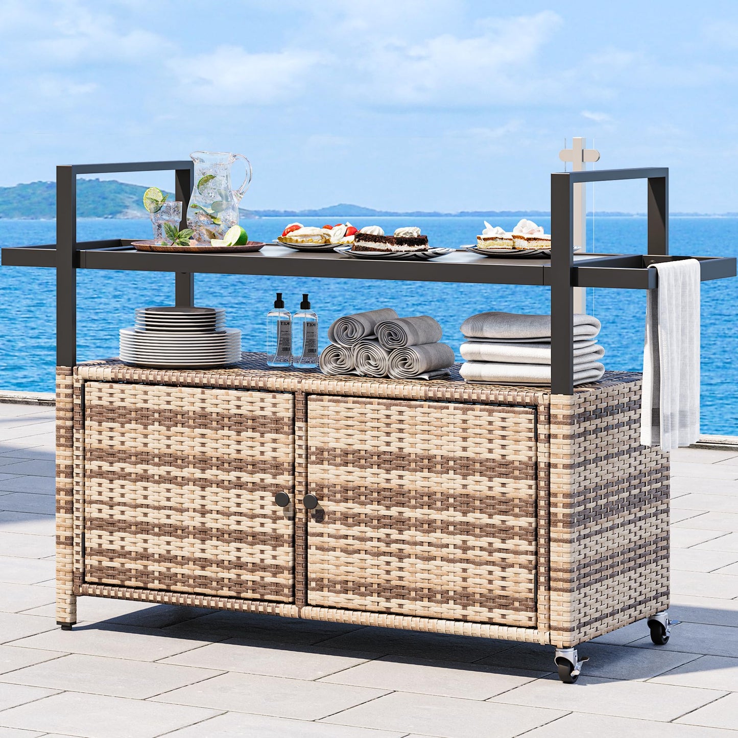 YITAHOME Large Outdoor Kitchen Wicker Island Rolling Cart & Patio Bar Table, w/Wheels and Black Glass Table Top Backyard and Poolside Light Brown