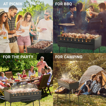 Charcoal Grill for 10 Skewers - Portable Barbecue Kabob Camp Grills - Foldable Metal Mangal - Kebab Shish BBQ for EDC Picnic Outdoor Cooking Camping Hiking NB10