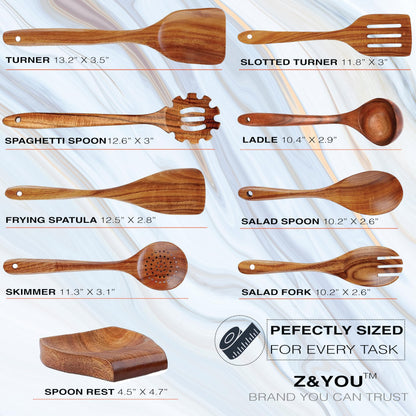 9-Piece Teak Wooden Spoons for Cooking, Durable Wood Utensil Set, Natural Teak Wood Non Toxic Utensils – Safe and Non Toxic for Your Family – Wooden Spoons and Spatulas for Kitchen by Z&YOU