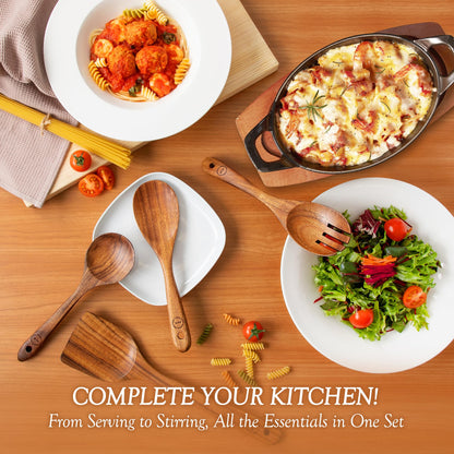 Wooden Spoons for Cooking – 6-12 Piece Teak Wood Cookware Utensil Set with Smooth Finish – Non-Stick, Comfortable Grip – Durable, Heat Resistant Kitchen Utensils (6 PCS Set)