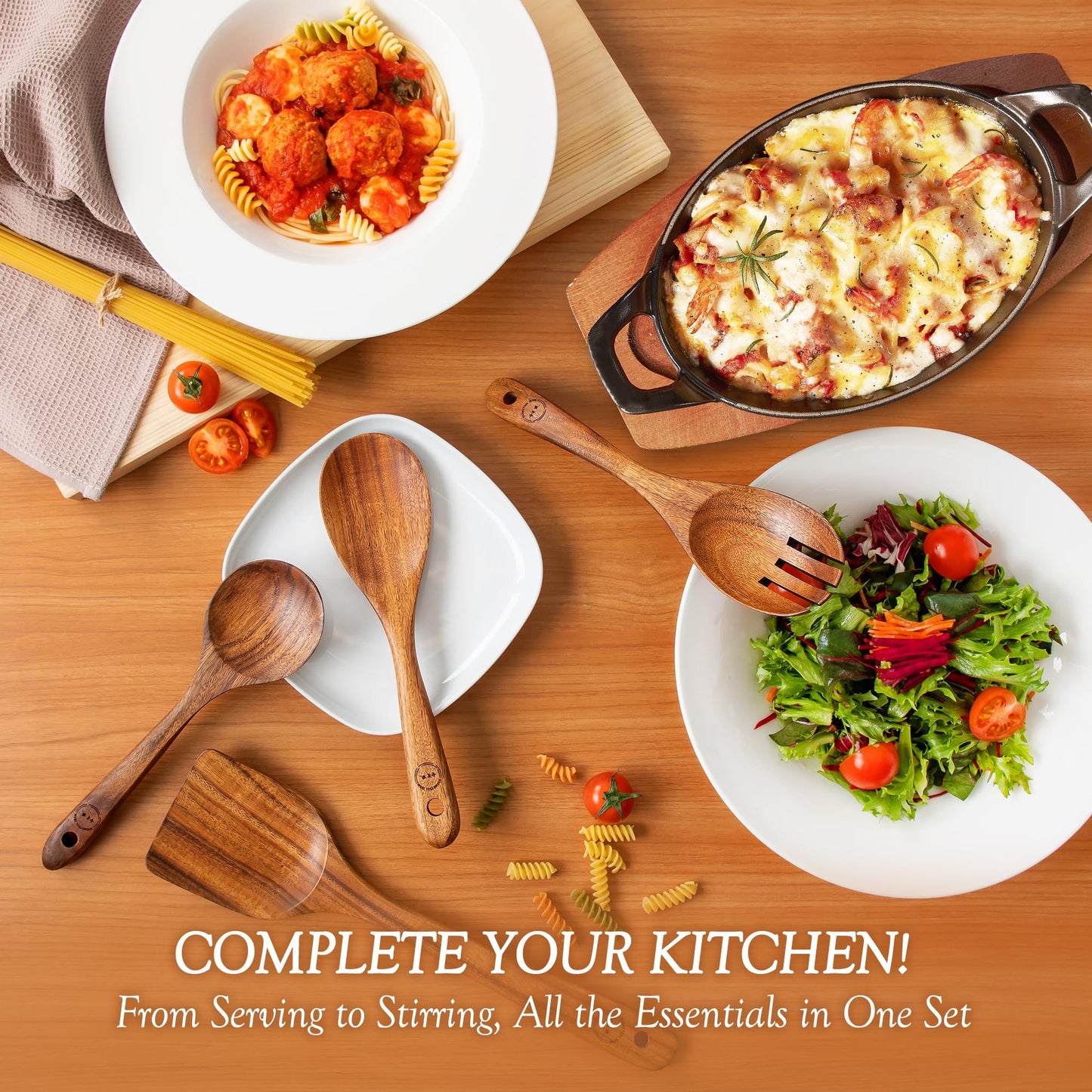 Wooden Spoons for Cooking – 6-12 Piece Teak Wood Cookware Utensil Set with Smooth Finish – Non-Stick, Comfortable Grip – Durable, Heat Resistant Kitchen Utensils (8 PCS Set)