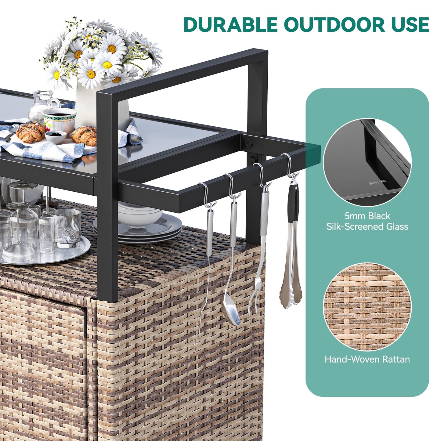 YITAHOME Large Outdoor Kitchen Wicker Island Rolling Cart & Patio Bar Table, w/Wheels and Black Glass Table Top Backyard and Poolside Light Brown