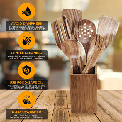 6 Piece Wooden Spoons for Cooking, Acacia Wood Kitchen Cooking Utensil Set for Nonstick Pans and Cookware | Wooden Spatulas & Spoons | Smooth Finish, Comfort Grip, Lightweight, Heat Resistant