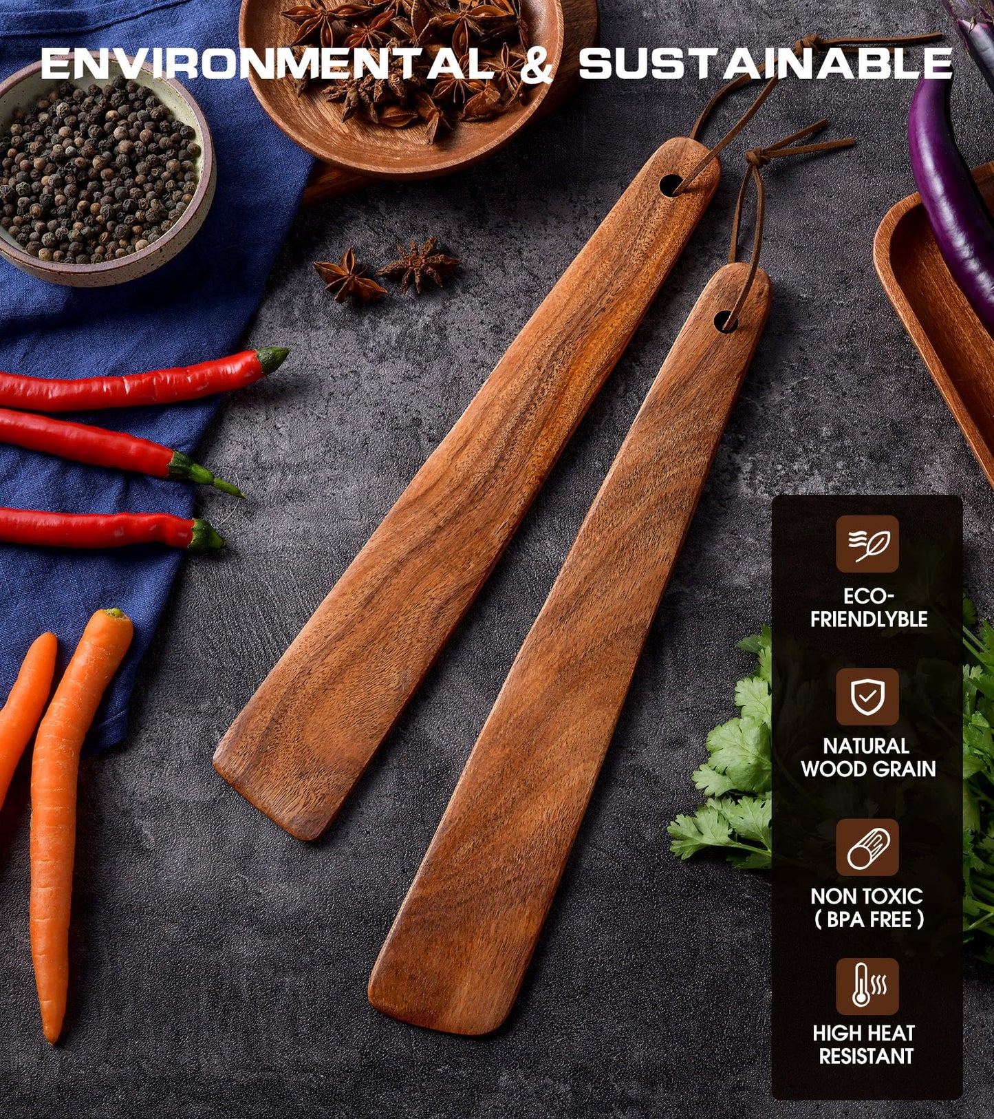 12 inch Teak Wooden Spatula for Cooking, Small Wood Flipper, Egg Scraper, Flat Wood Turner, Multipurpose Wooden Cooking Utensils, Spatulas Spoons Perfect for Flipping, Scraping & Turning, Set of 2