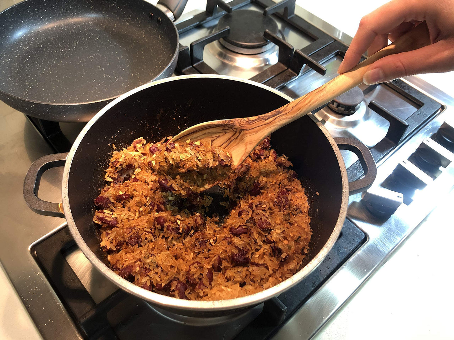 Handcrafted Olive Wood Cooking Spoon & Spatula (12 Inch Set of 2 Pieces) Carved by Talented Artists in Bethlehem, Practical Wooden Utensils Last for So Long, Resistant of Scratch