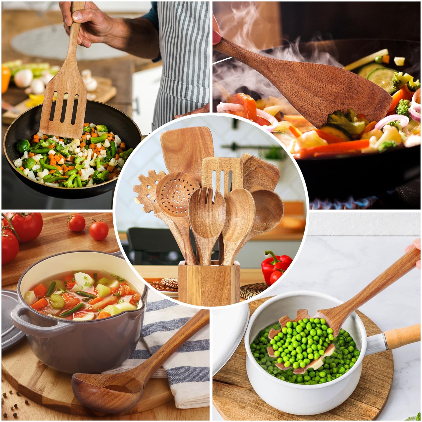 Utensil Cooking Spoon Set with Holder : KINGSOW 9 Pcs Wooden Spoons for Kitchen Nonstick Cookware