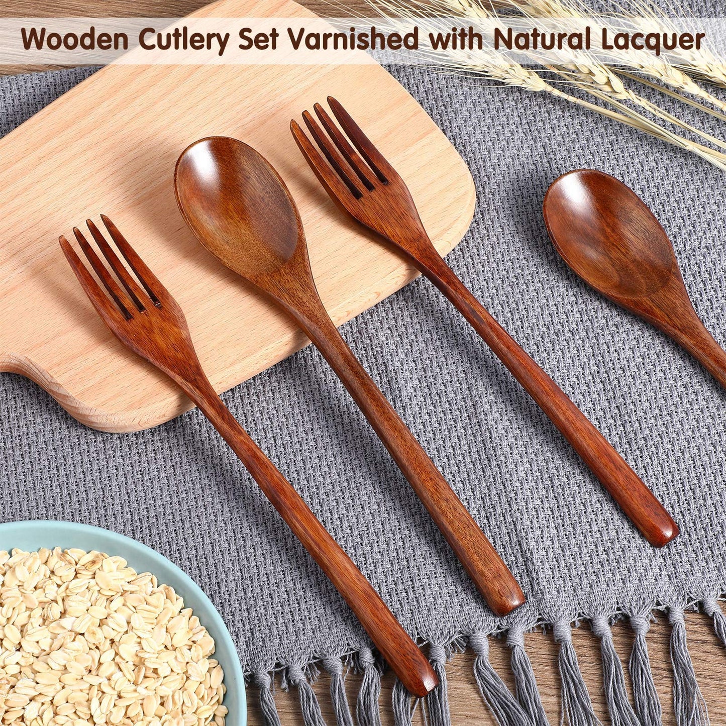 Patelai Wooden Spoons Forks Set Wood Dinner Utensil Set Reusable Flatware Tableware Set Handmade Natural Cutlery Set Includes Wood Spoon Fork for Cooking Stirring Eating