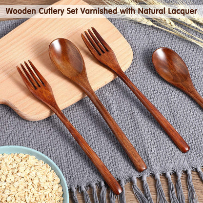 Patelai Wooden Spoons Forks Set Wood Dinner Utensil Set Reusable Flatware Tableware Set Handmade Natural Cutlery Set Includes Wood Spoon Fork for Cooking Stirring Eating