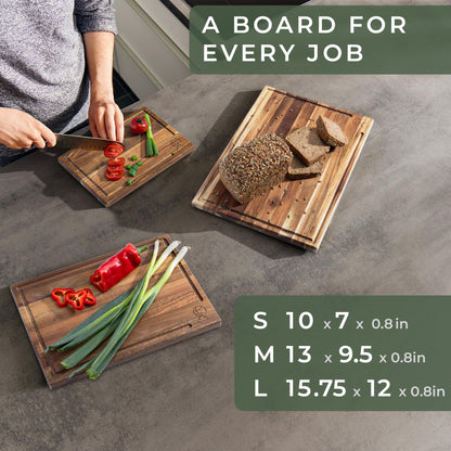 WALDWERK Cutting Board Set (15.75 x 12/13 x 9.5/10 x 7 in) out of Solid Acacia Wood - 0,8 in Thick Cutting Boards for Kitchen - Wood Cutting Boards - Wooden Chopping Boards for Kitchen