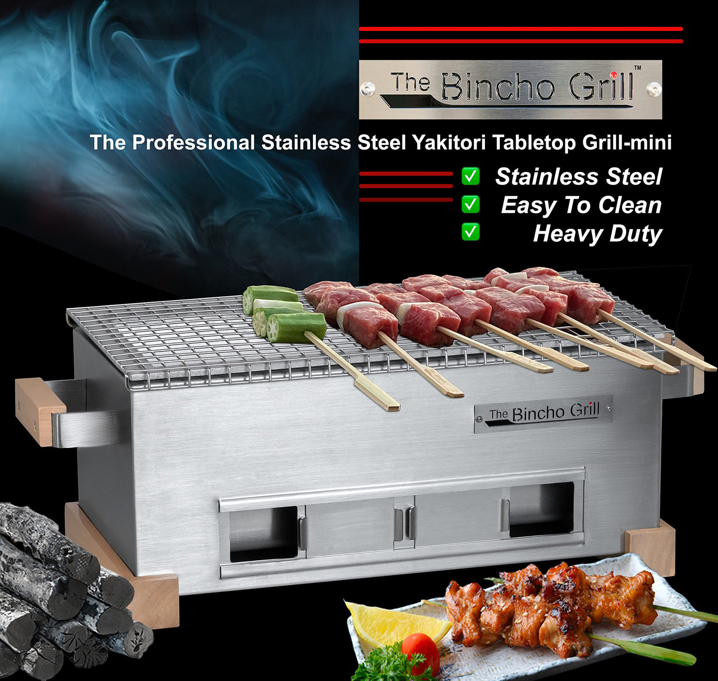The Bincho Grill MG-168 Mini Yakitori Grill – Japanese Style Tabletop Charcoal Hibachi BBQ – Small Binchotan Grill for Authentic Japanese Grilling – Portable and Durable