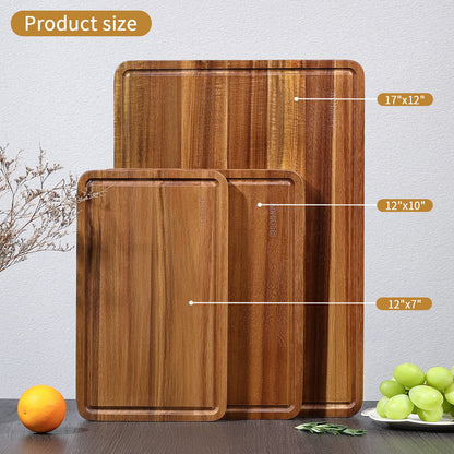 Wood Cutting Boards Set of 3 for Kitchen, Thick Chopping Board, Large Wooden Cutting Board Set with Deep Juice Groove and Handles, Wooden trays for meat, fruit and cheese (17x12, 12x10, 12x7 inch)